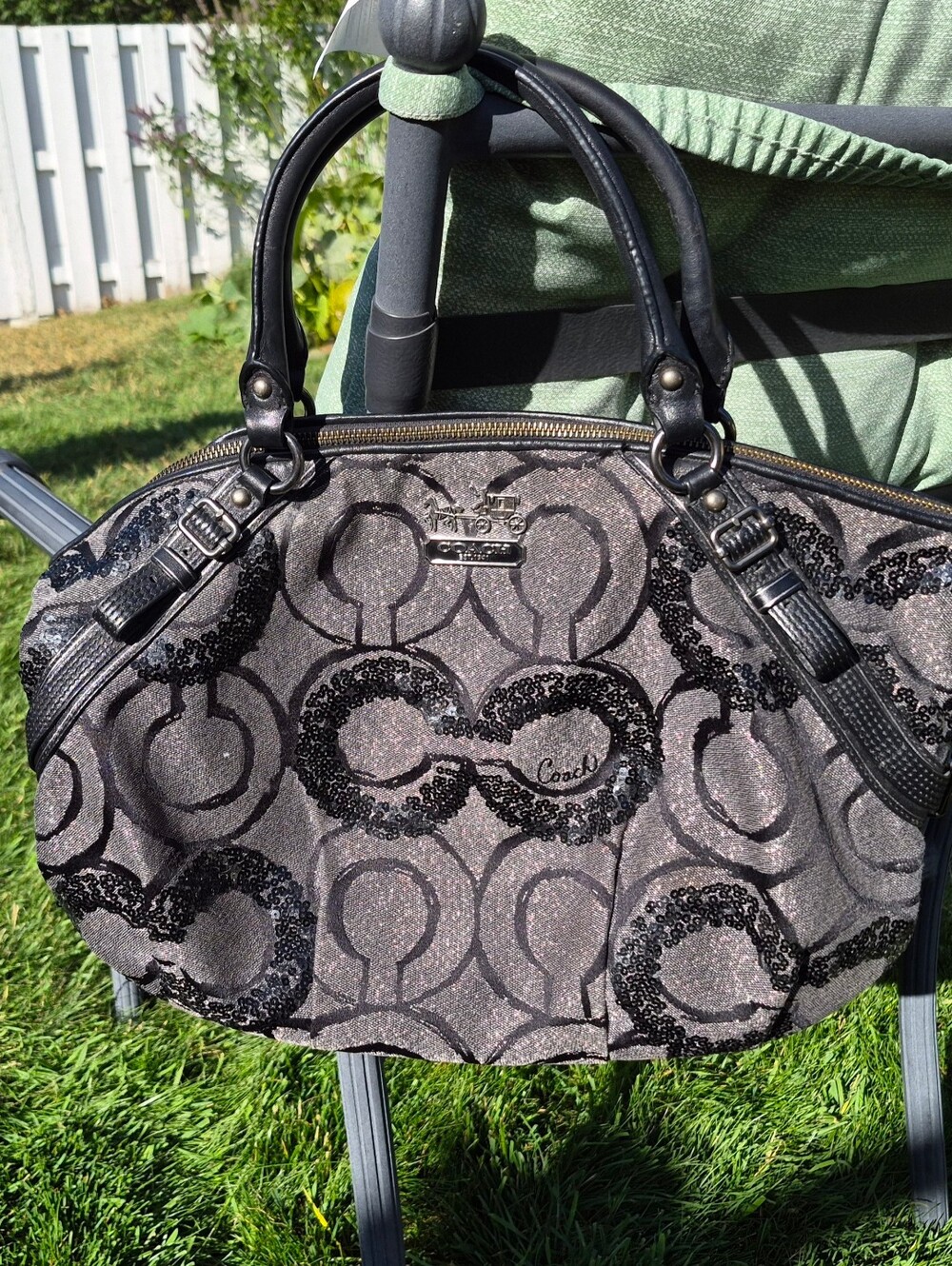 Coach Madison Signature Op Art Sophia Black Graphite Sequin Metallic Satchel